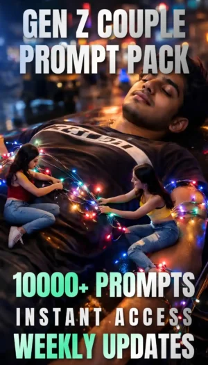 Promotional poster for a Gen Z Couple Prompt Pack featuring a cinematic AI-generated night scene with colorful neon lights and urban bokeh effects. A young man lies relaxed on a car hood while two stylish young women wrap glowing fairy lights around him, creating a dramatic and emotional visual composition. Large bold text highlights “10000+ Prompts,” “Instant Access,” and “Weekly Updates.” The overall design uses vibrant lighting, modern Gen Z fashion, social media-inspired aesthetics, and cinematic depth to advertise a downloadable Gemini AI image generation prompt bundle by Ethical Founder.